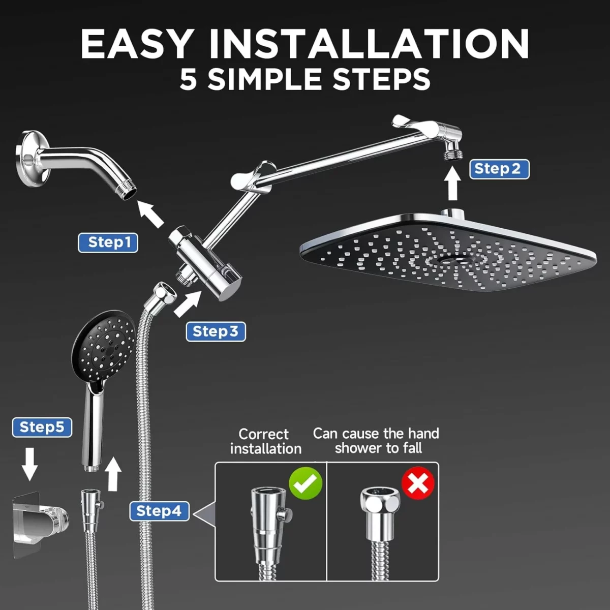 Veken Dual Shower Head Combo High Pressure Wide Rainfall Shower Head with 6 Setting Handheld Sprayer Adjustable Arm and Detachable Design Anti Clog Nozzles Bathroom Fixture in Silver Chrome 6