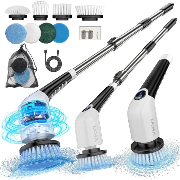 YKYI Cordless Electric Spin Scrubber with 8 Brush Heads, 3-Speed Power Cleaning Brush, Adjustable & Detachable Long Handle, Voice Prompt, Ideal for Shower, Tub, and Home Cleaning