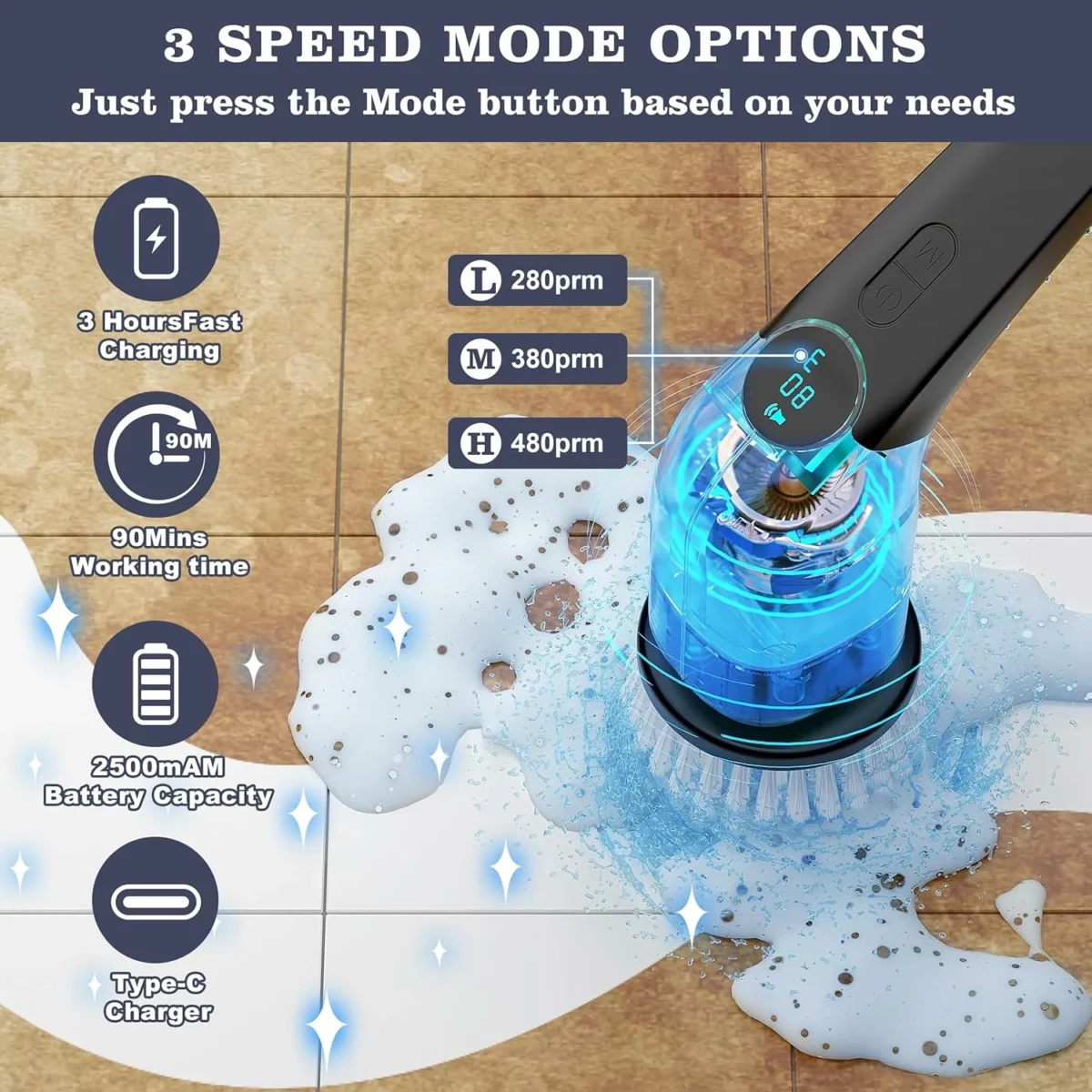 YKYI Cordless Electric Spin Scrubber with 8 Brush Heads 3 Speed Power Cleaning Brush Adjustable Detachable Long Handle Voice Prompt Ideal for Shower Tub and Home Cleaning 5