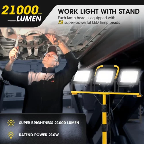 Zetunlo 21000 Lumen LED Work Lights with Stand 3 Head Portable Tripod Work Light with 16FT Power Cord IP66 Waterproof Job Site Lighting for Outdoor Indoor Garage Workshop and Construction Use 2