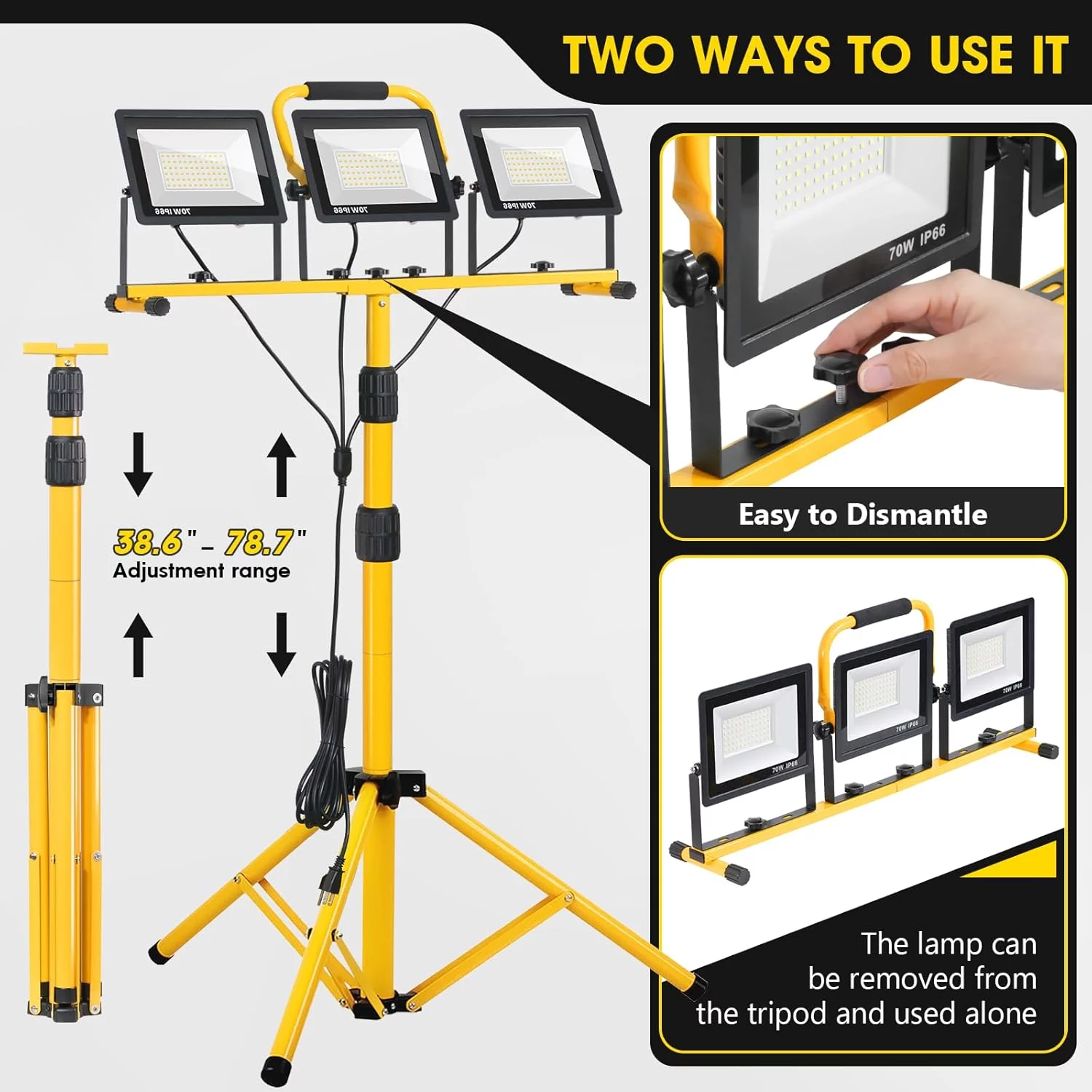 Zetunlo 21000 Lumen LED Work Lights with Stand 3 Head Portable Tripod Work Light with 16FT Power Cord IP66 Waterproof Job Site Lighting for Outdoor Indoor Garage Workshop and Construction Use 3