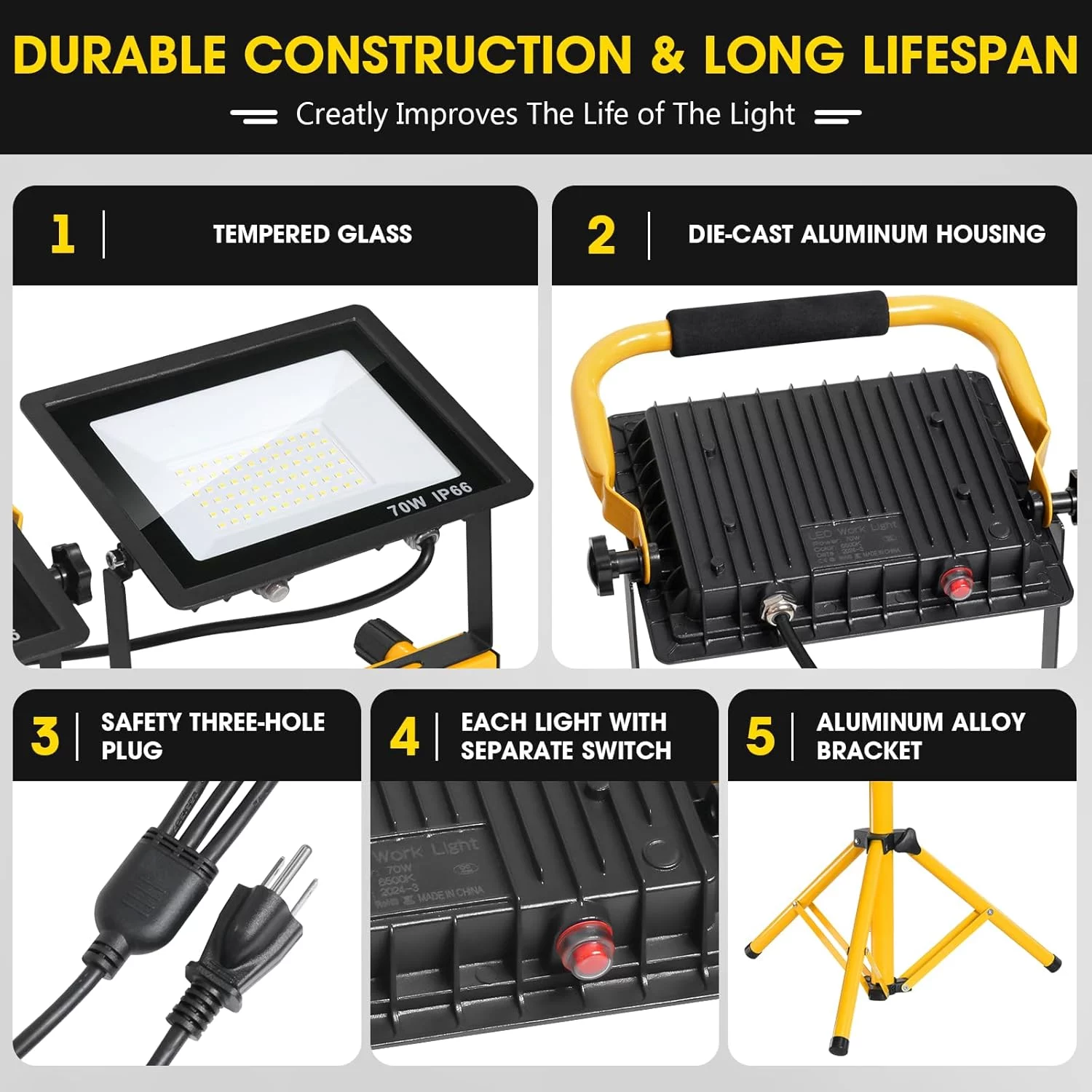 Zetunlo 21000 Lumen LED Work Lights with Stand 3 Head Portable Tripod Work Light with 16FT Power Cord IP66 Waterproof Job Site Lighting for Outdoor Indoor Garage Workshop and Construction Use 4