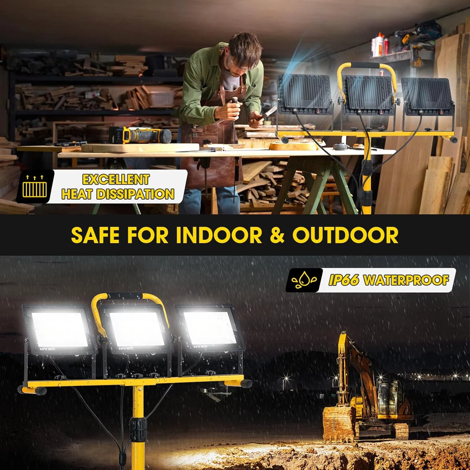 Zetunlo 21000 Lumen LED Work Lights with Stand 3 Head Portable Tripod Work Light with 16FT Power Cord IP66 Waterproof Job Site Lighting for Outdoor Indoor Garage Workshop and Construction Use 6