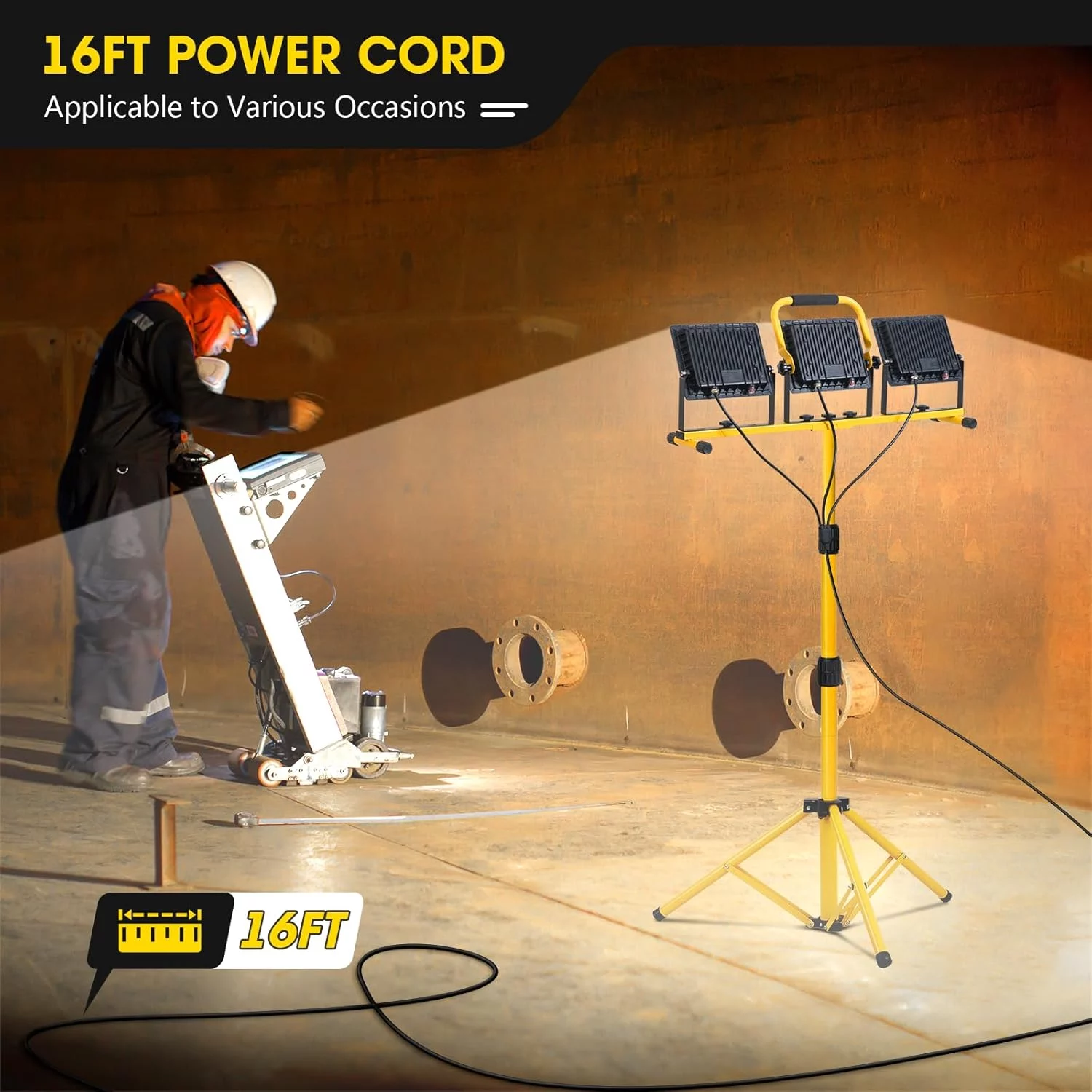 Zetunlo 21000 Lumen LED Work Lights with Stand 3 Head Portable Tripod Work Light with 16FT Power Cord IP66 Waterproof Job Site Lighting for Outdoor Indoor Garage Workshop and Construction Use 7