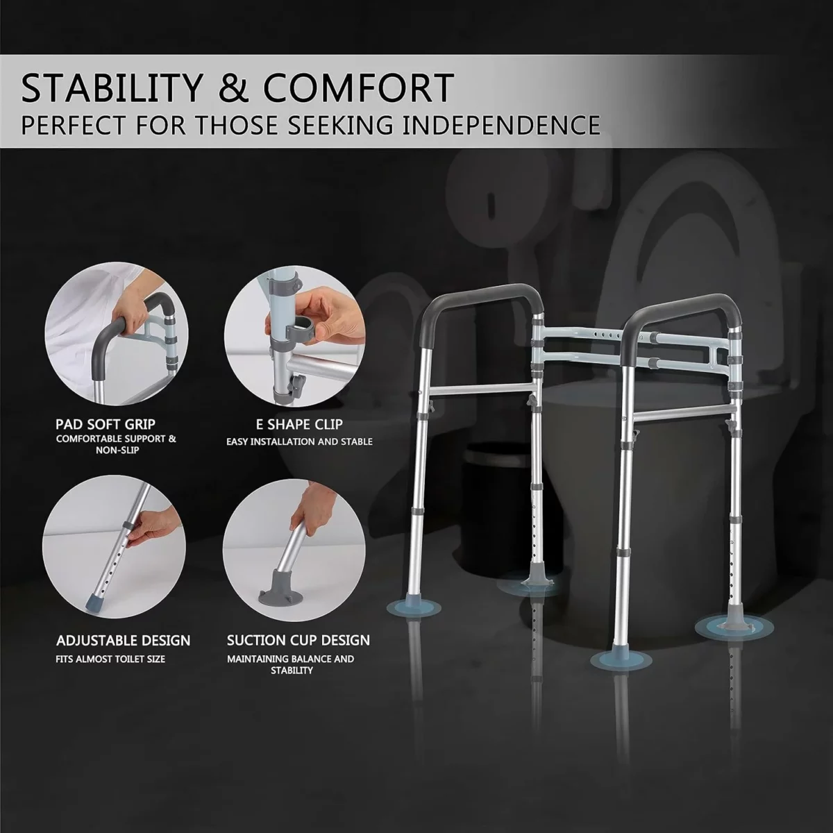 lianjindun Adjustable Toilet Safety Rails Foldable Support Frame for Elderly Seniors and Disabled Universal Fit for Most Toilets 300LB Weight Capacity FSAHSA Eligible 3