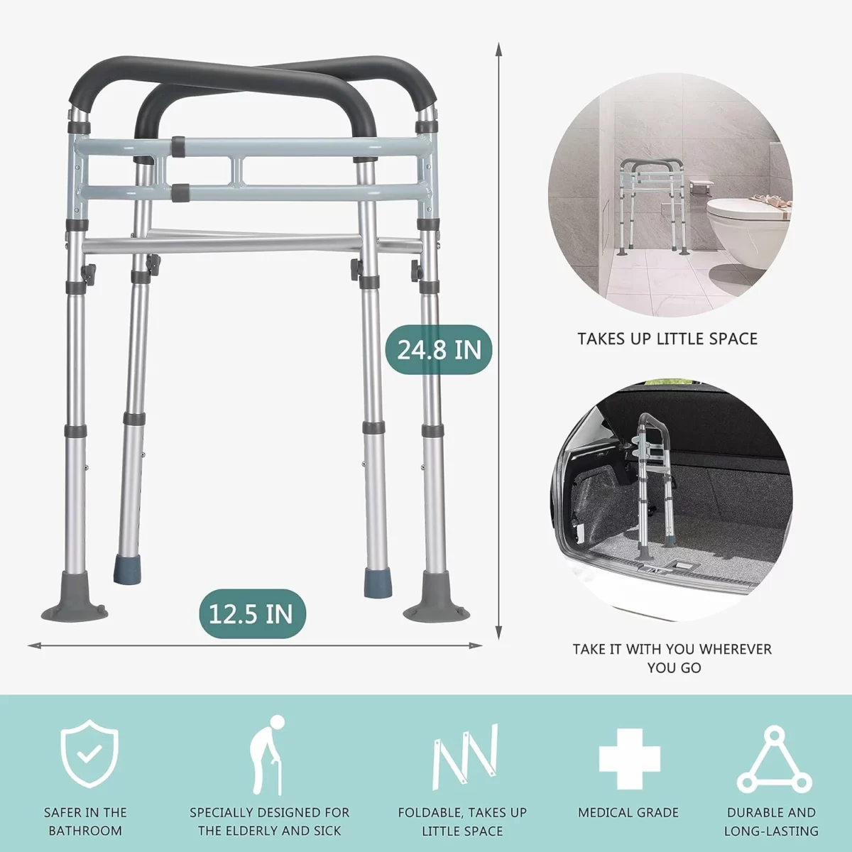 lianjindun Adjustable Toilet Safety Rails Foldable Support Frame for Elderly Seniors and Disabled Universal Fit for Most Toilets 300LB Weight Capacity FSAHSA Eligible 4