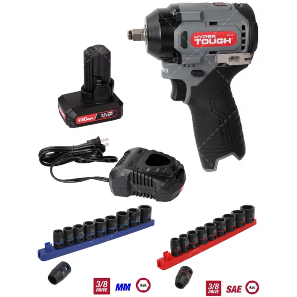 Hyper Tough 12V Max Brushless Cordless Impact Wrench – Includes 22-Pc 3/8-Inch SAE & Metric Standard Impact Socket Set