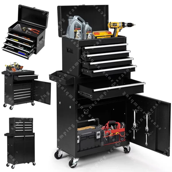 2-in-1 Steel Rolling Tool Chest & Cabinet – 5-Drawer Garage Storage Box on Wheels, Blue