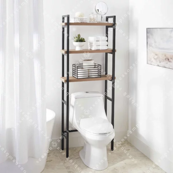 Jace Over-the-Toilet Rack – 3-Shelf Organizer, Black Frame with Oak Shelves