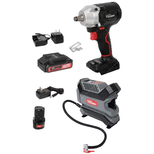Hyper Tough 20V Max Brushless 1/2-Inch Cordless Impact Wrench & 12V Cordless Digital Inflator Kit