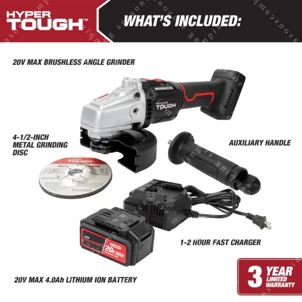 Hyper Tough 20V Max Brushless 4.5-Inch Cordless Angle Grinder – Includes 4.0Ah Lithium-Ion Battery & Charger