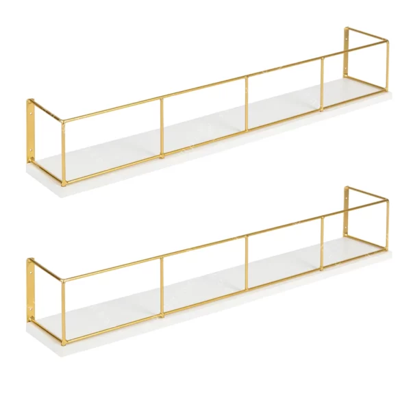 Benbrook 24-Inch Floating Wall Shelves – 2-Pack Wood & Metal, White and Gold Finish