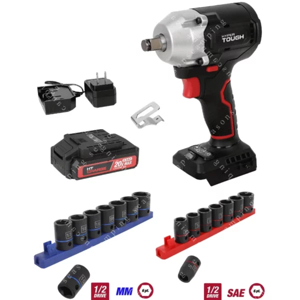Hyper Tough 20V Max Brushless 1/2-Inch Cordless Impact Wrench – Includes 18-Pc SAE & Metric 1/2-Inch Drive Impact Socket Set