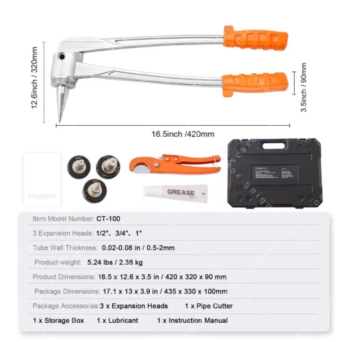SKYSHALO Pipe Tube Expander 12 34 1 OD Manual Lever PEX Tubing Expander PEX Tools Expander with 3 Expander Heads Pipe Cutter Grease for PEX Tube and Copper Pipe ta 01011 t 2025 1 4