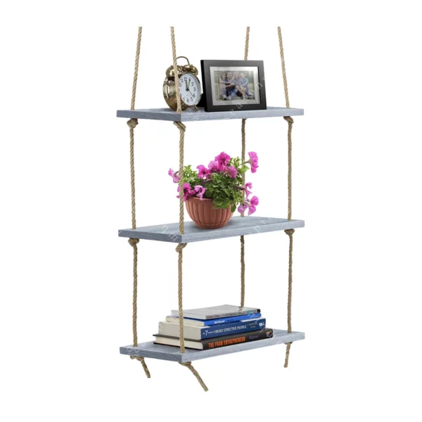 3-Piece Hanging Rope Floating Shelves – 16.5-Inch Rustic Wood Wall Shelf Set, Grey Finish