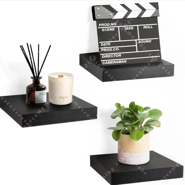 Square Floating Wall Shelf – Set of 3 Small 9" Black Shelves with Invisible Brackets for Living Room, Bedroom, Bathroom & Kitchen