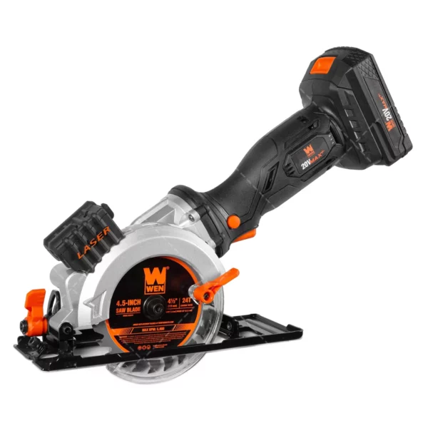 WEN 20V Max 4-1/2-Inch Cordless Mini Circular Saw – Includes 2.0Ah Battery & Charger
