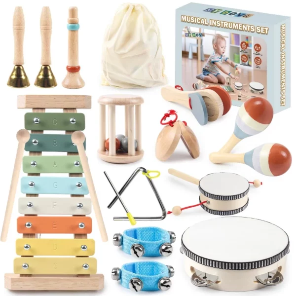 11 in 1 Baby Musical Instruments Set, Montessori Wooden Percussion Toys with Boho Xylophone, Educational Preschool Kids 1-3+ Bag