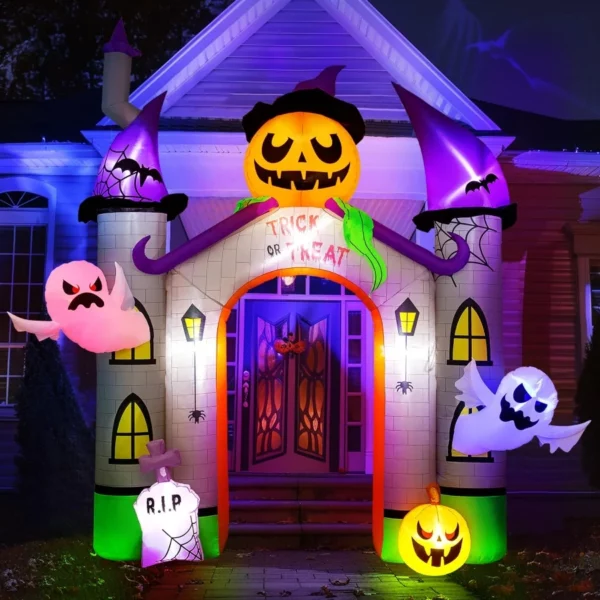 Large 11FT Halloween Inflatable Castle Arch with Pumpkin Ghost Trick or Treat LED, Blow Up Haunted House Yard Patio