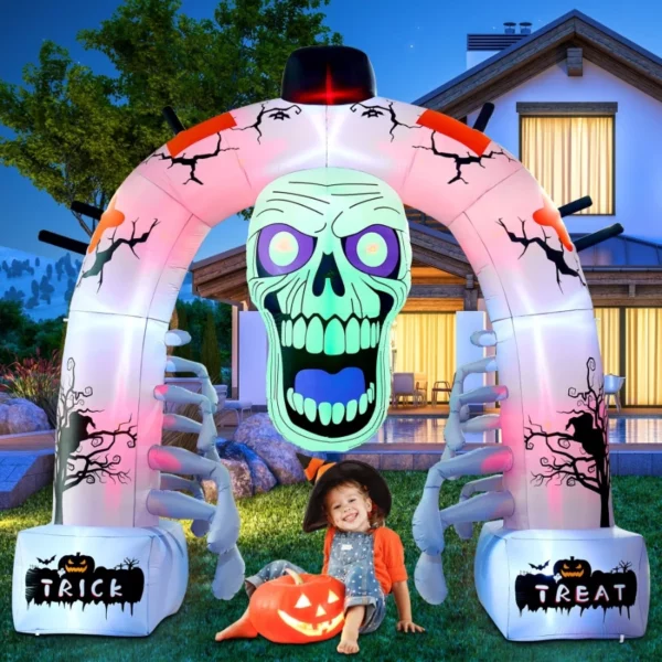 9FT Halloween Inflatable White Ghost Billy Arch with LED Lights & Air Blower, Blow Up Indoor Outdoor Yard Lawn Decor