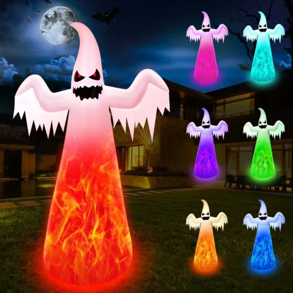 2FT Giant Halloween Inflatables Ghost with 7-Colored Flame Rotation LED Lights, Huge Outdoor  Decorations Tall Blow-ups for Yard
