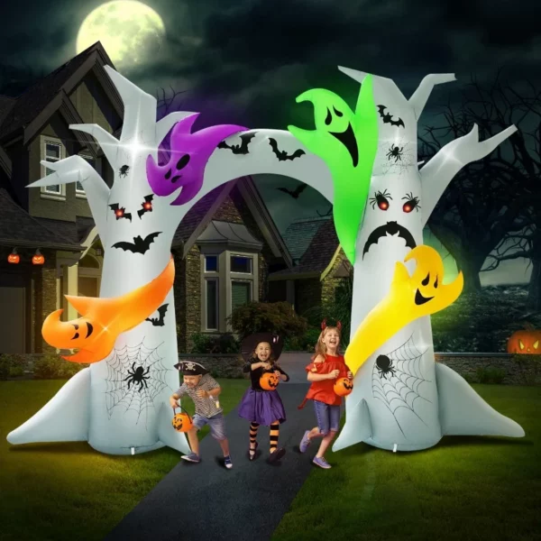 14FT Length X 10FT Tall Halloween Archway Inflatable Tree with 4 Colorful Ghosts Outdoor Decorations