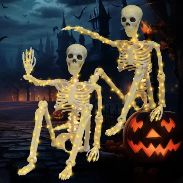 2 Pack 3FT Halloween Skeleton Decorations, 36 Inch Full Body Skeletons with White Light Eyes & Movable Joints for Outdoor Indoor Yard