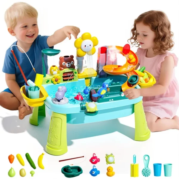 Blue Toddler Sand And Water Play Table With Faucet, Food Accessories, Fishing Toy, Sink Set For Boys Girls