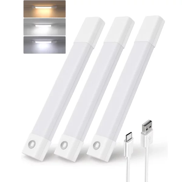3 Pack 7 in Motion Sensor Light Indoor, Wireless Under Cabinet Lighting, 30 LED Rechargeable Closet Lights, Dimmable, 3 Color Temperatures,