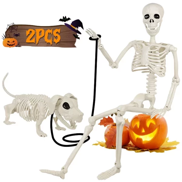 3 FT Human Skeleton Halloween Decor with Dog Skeleton, Posable Skeletons Decoration Movable Joints