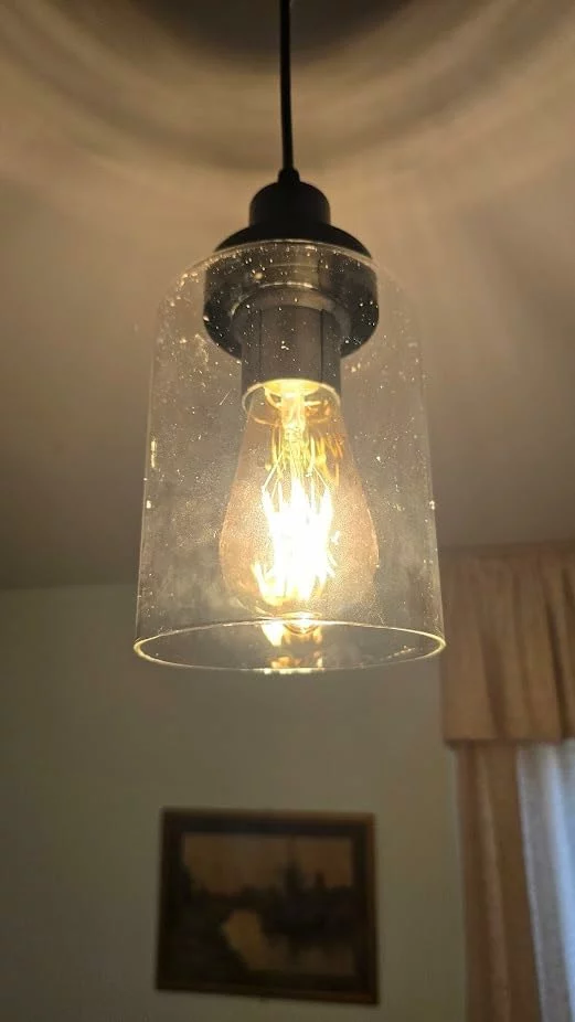 Click to view full screen Industrial Pendant Lighting Modern Clear Glass Shade Farmhouse Hanging Light Fixtures 3-Pack Kitchen and Dining Room photo review