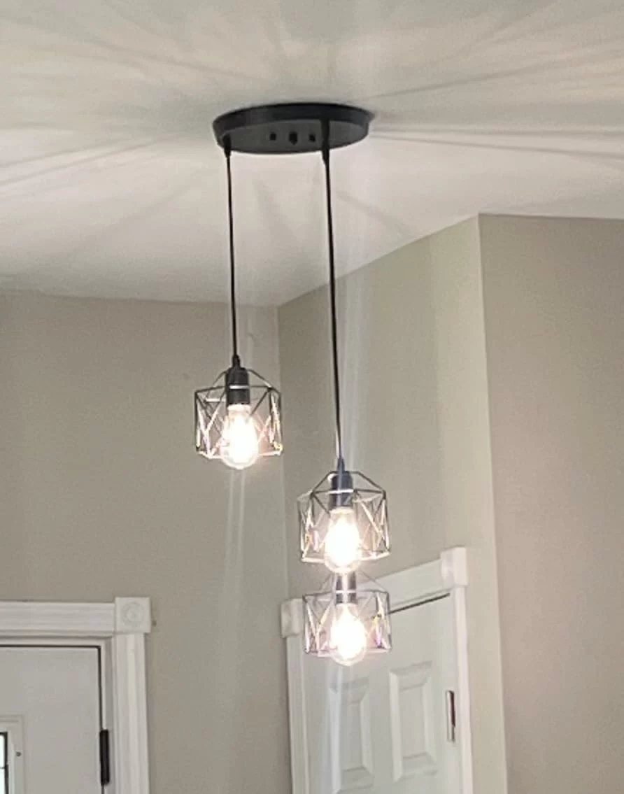 Click to view full screen 3-Light Hanging Pendant Light Fixture, Black Metal Cage, Farmhouse Industrial Style for Kitchen & Dining photo review