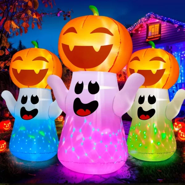 5FT Halloween Inflatable Pumpkin Ghost Waterproof  with 3-Pattern Colorful Flashing LED Lights, Blow Up Indoor Outdoor Yard Decor