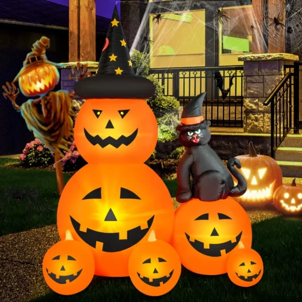 6FT Halloween Inflatable Spooky Ghost, Pumpkin & Witch's Cat with Built-in LED Lights, Blow Up Outdoor Yard Garden Decor Waterproof