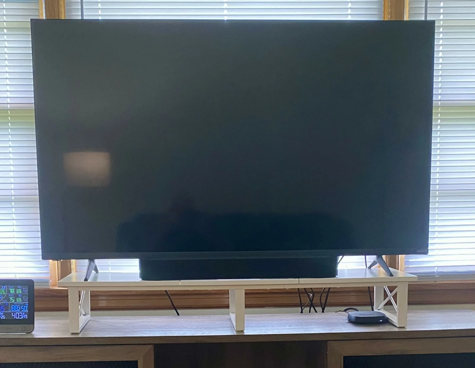 Click to view full screen IBUYKE 45 Inch TV Stand Riser with Storage, Steel Legs, Rustic Brown Tabletop for TV or Dual Screen Setup photo review