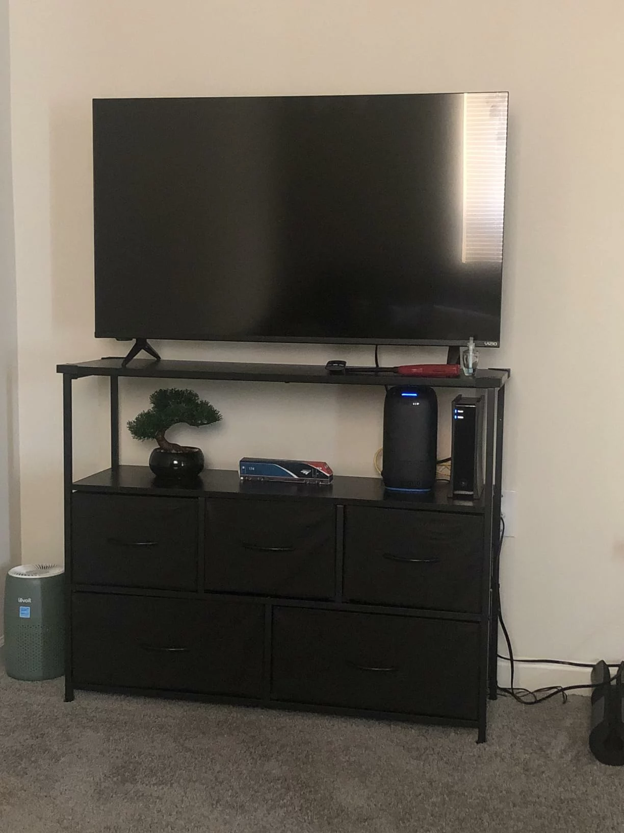 Click to view full screen TV Stand Dresser with 5 Fabric Drawers Entertainment Media Console Table for 45" TV, Open Shelf Storage for Bedroom photo review
