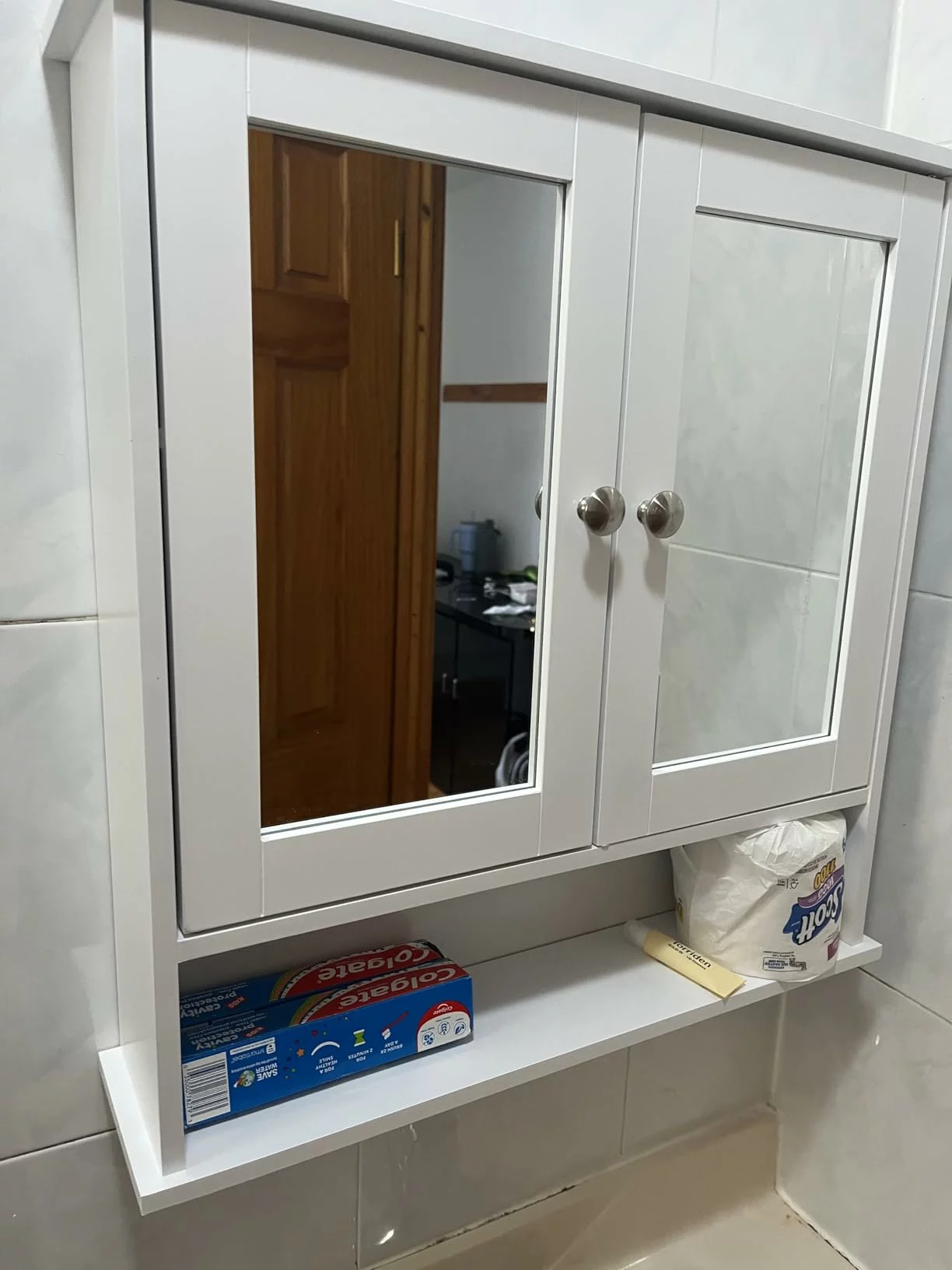 Click to view full screen Wall Mounted Bathroom Mirror Cabinet Wooden Gray Cabinet with Shelf Corner Storage for Medicine, Towels photo review