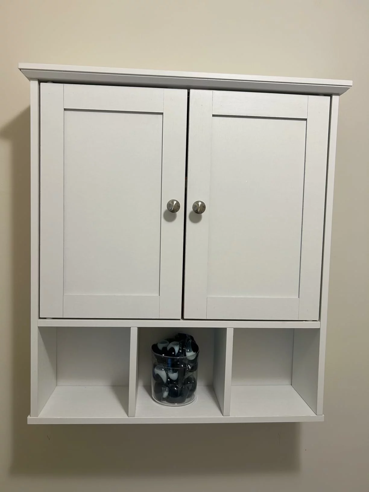 Click to view full screen Wall Mounted Bathroom Storage Cabinet, Over Toilet Organizer with Door, Adjustable Shelves for Medicine & Towels photo review