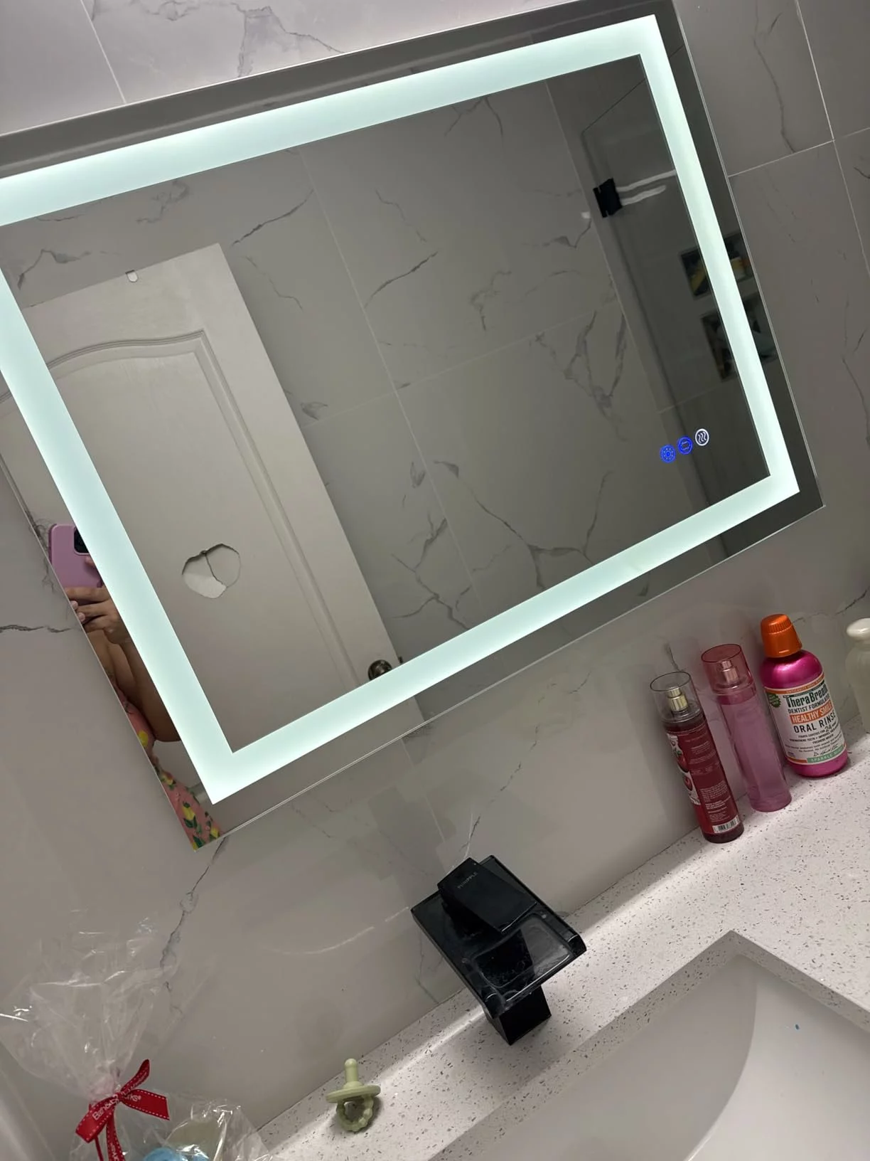 Click to view full screen 24 Inch LED Round Lighted Bathroom Mirror, Wall Mounted Vanity Mirror with Anti-Fog, Dimmable 3 Color photo review