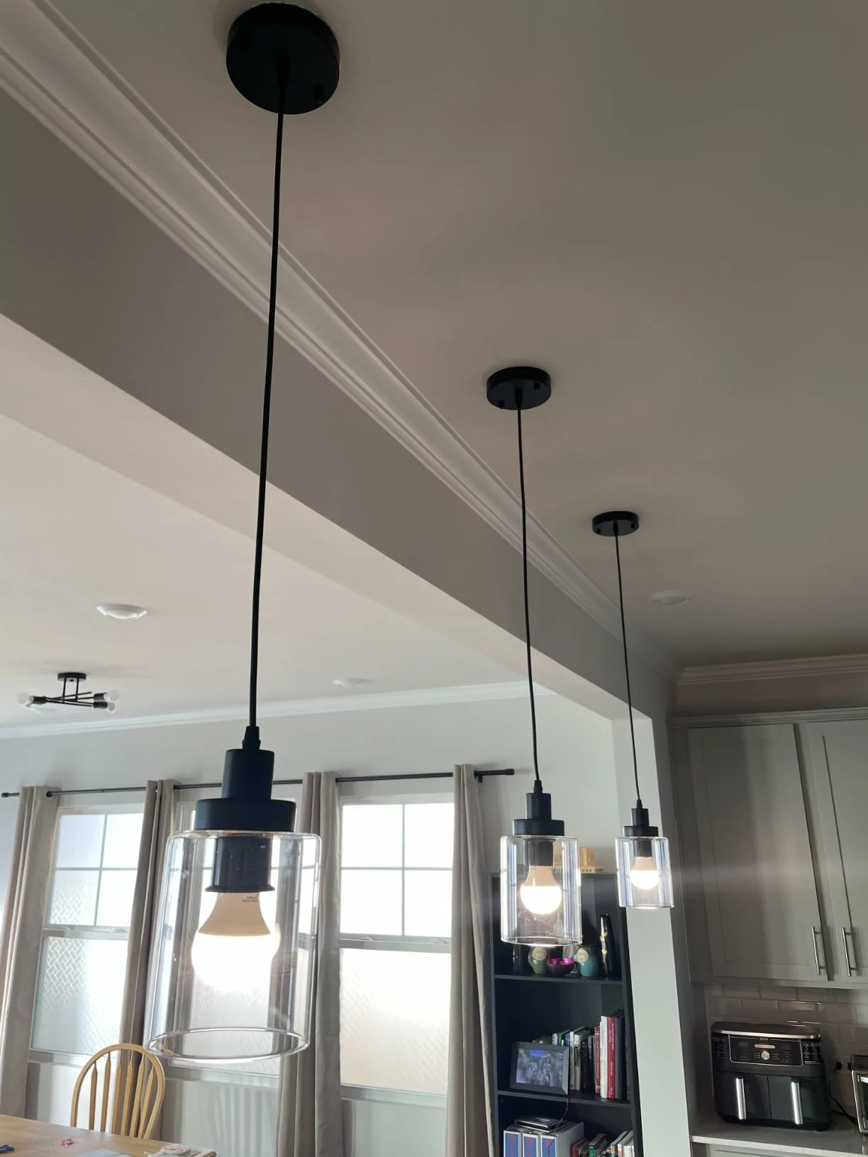 Click to view full screen Industrial Pendant Lighting Modern Clear Glass Shade Farmhouse Hanging Light Fixtures 3-Pack Kitchen and Dining Room photo review