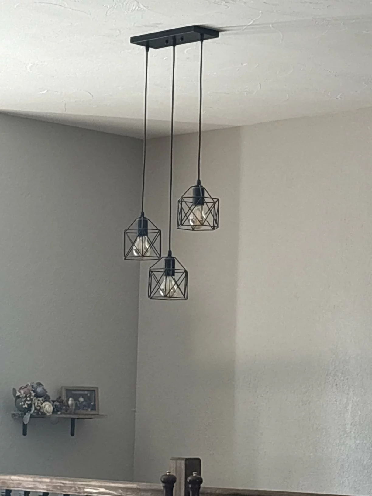 Click to view full screen 3-Light Hanging Pendant Light Fixture, Black Metal Cage, Farmhouse Industrial Style for Kitchen & Dining photo review