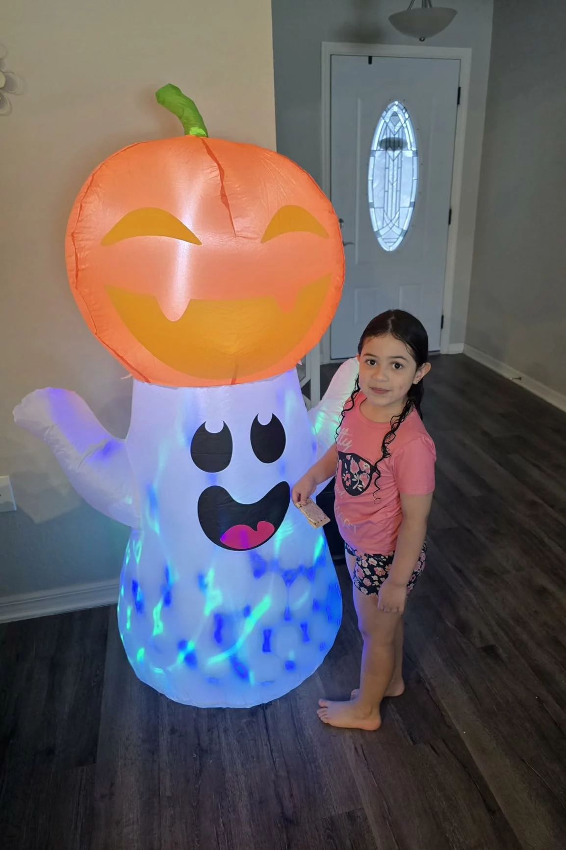 Click to view full screen 5FT Halloween Inflatable Pumpkin Ghost Waterproof with 3-Pattern Colorful Flashing LED Lights, Blow Up Indoor Outdoor Yard Decor photo review