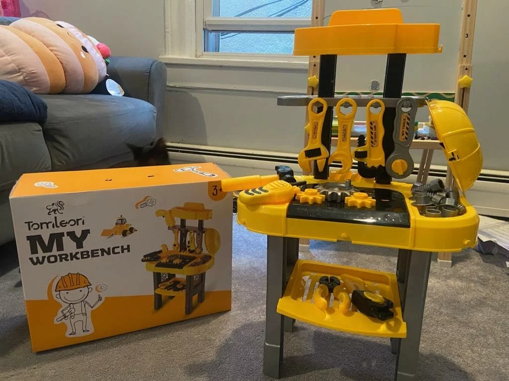 Click to view full screen Kids Tool Bench with Electric Drill & Vehicles, 2-in-1 Workbench Toolbox STEM Toys for Toddlers Age 3-5 photo review