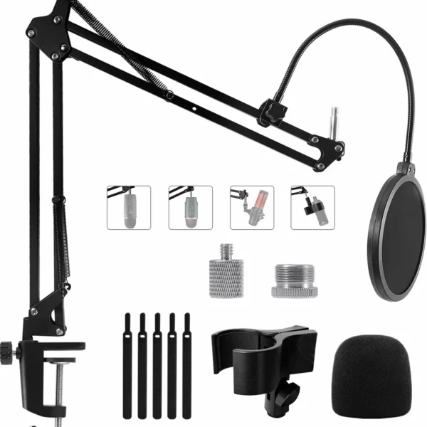Mic Stand Boom Arm for Blue Yeti, Nano, HyperX QuadCast, Snowball, Fifine, Adjustable Desk Microphone Arm with Adapter & Pop Filter