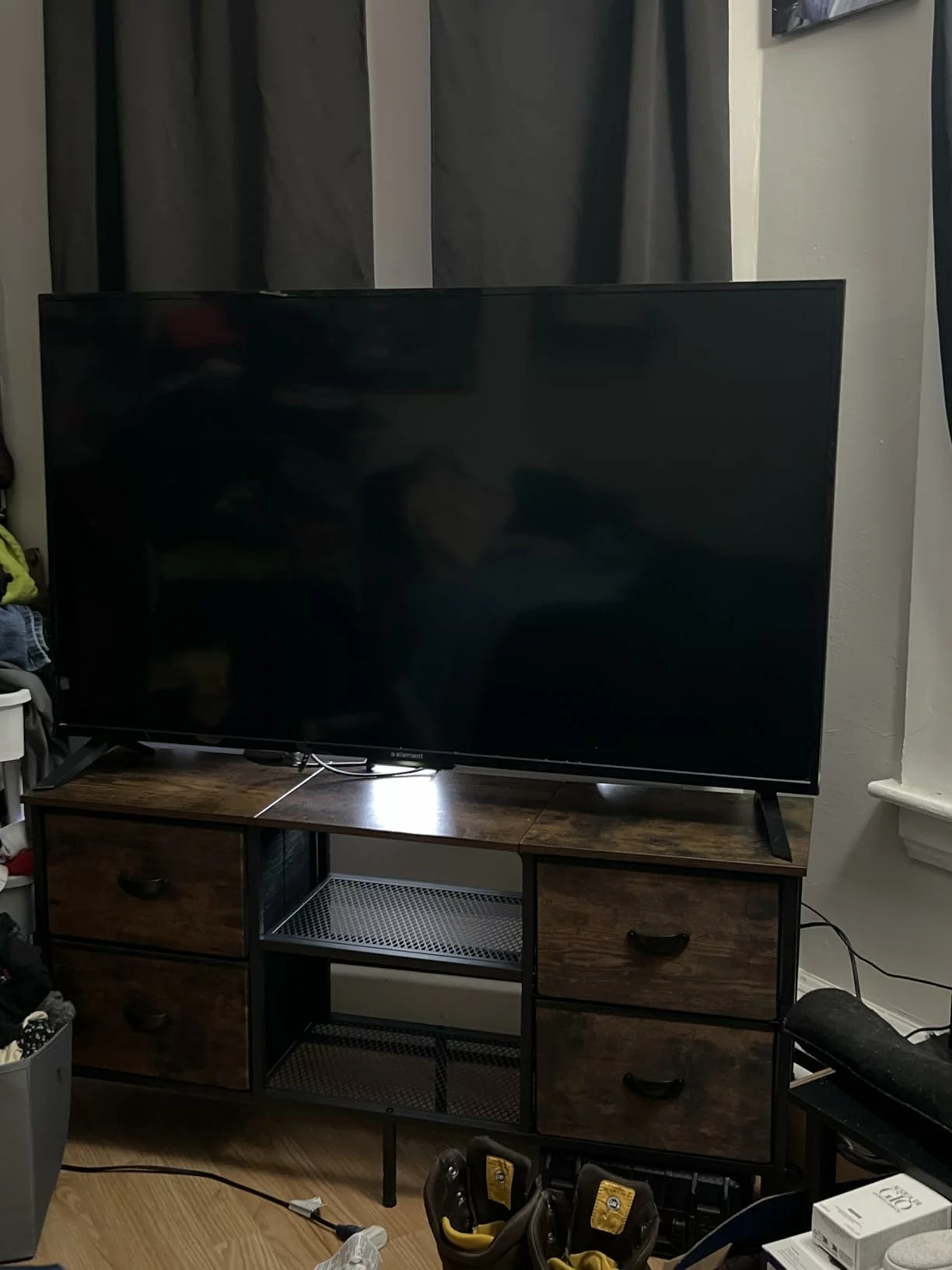 Click to view full screen Furologee 3-Tier TV Stand with 4 Drawers Open Shelves Entertainment Center Media Console for TVs up to 50 photo review