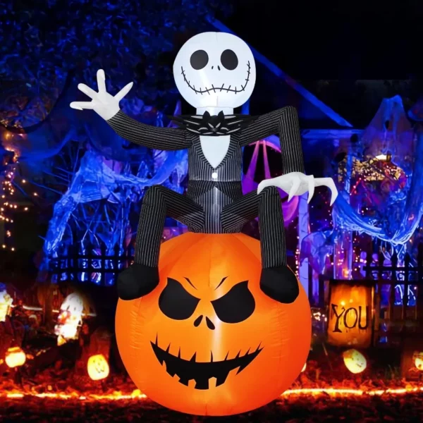 6Ft Inflatable Halloween Yard Decoration - Outdoor Blow Up Skeleton & Pumpkin Decoration - Built-in LED Lights for Halloween Lawn Outdoor Decoration
