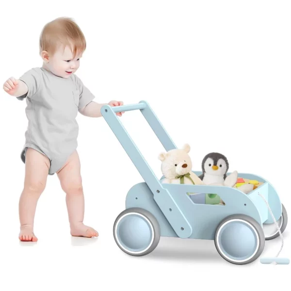 Push and Pull Wooden Baby Walker with Wheels, Montessori Learning Walking Toy Gift for Boys Girls, Sky Blue
