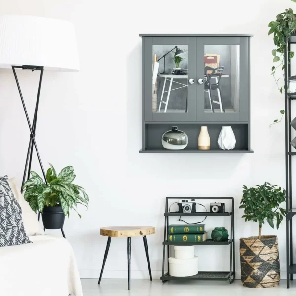 Wall Mounted Bathroom Mirror Cabinet Wooden Gray Cabinet with Shelf Corner Storage for Medicine, Towels