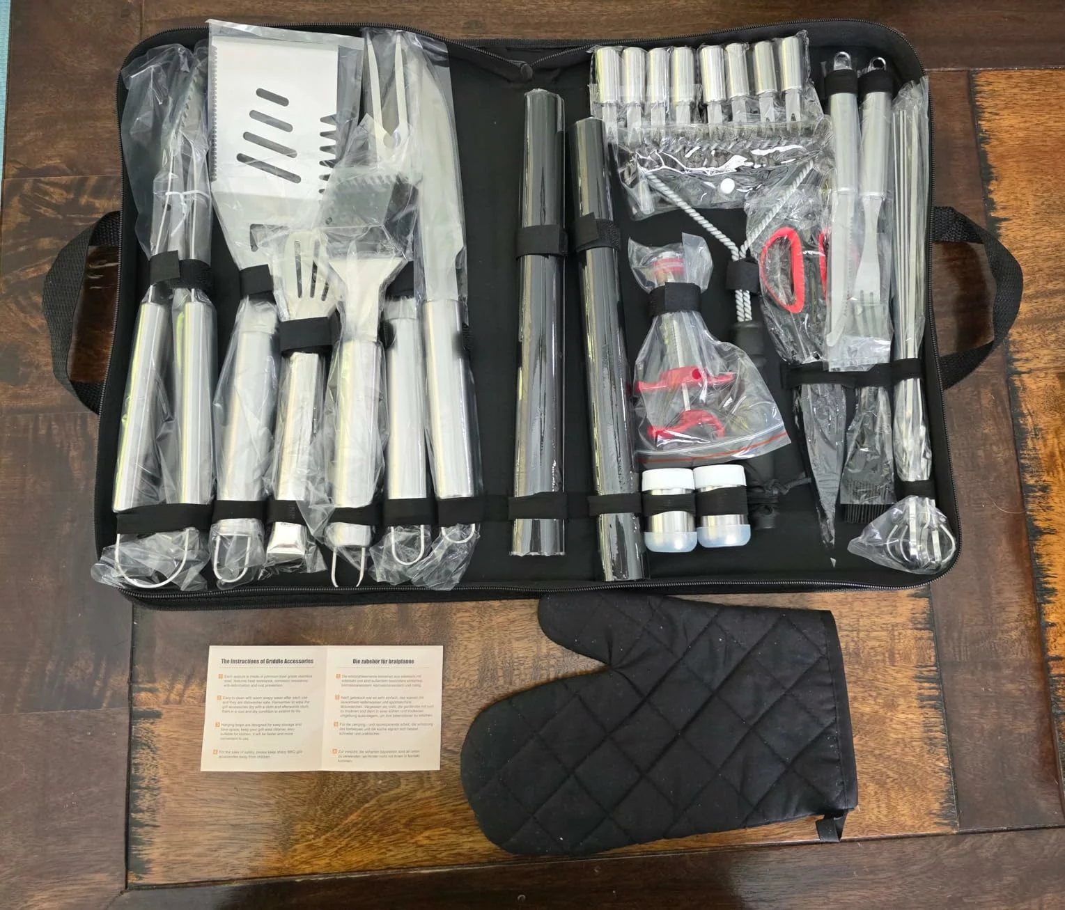 Click to view full screen 34Pcs Heavy Duty Grilling Accessories Set BBQ Tools For Outdoor Camping Stainless Steel Utensils With Mats Glove Carrying Bag photo review
