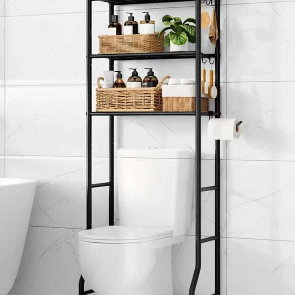 3 Tier Over The Toilet Storage Cabinet, Metal Bathroom Organizer Shelf with Hooks and Paper Holder, Black